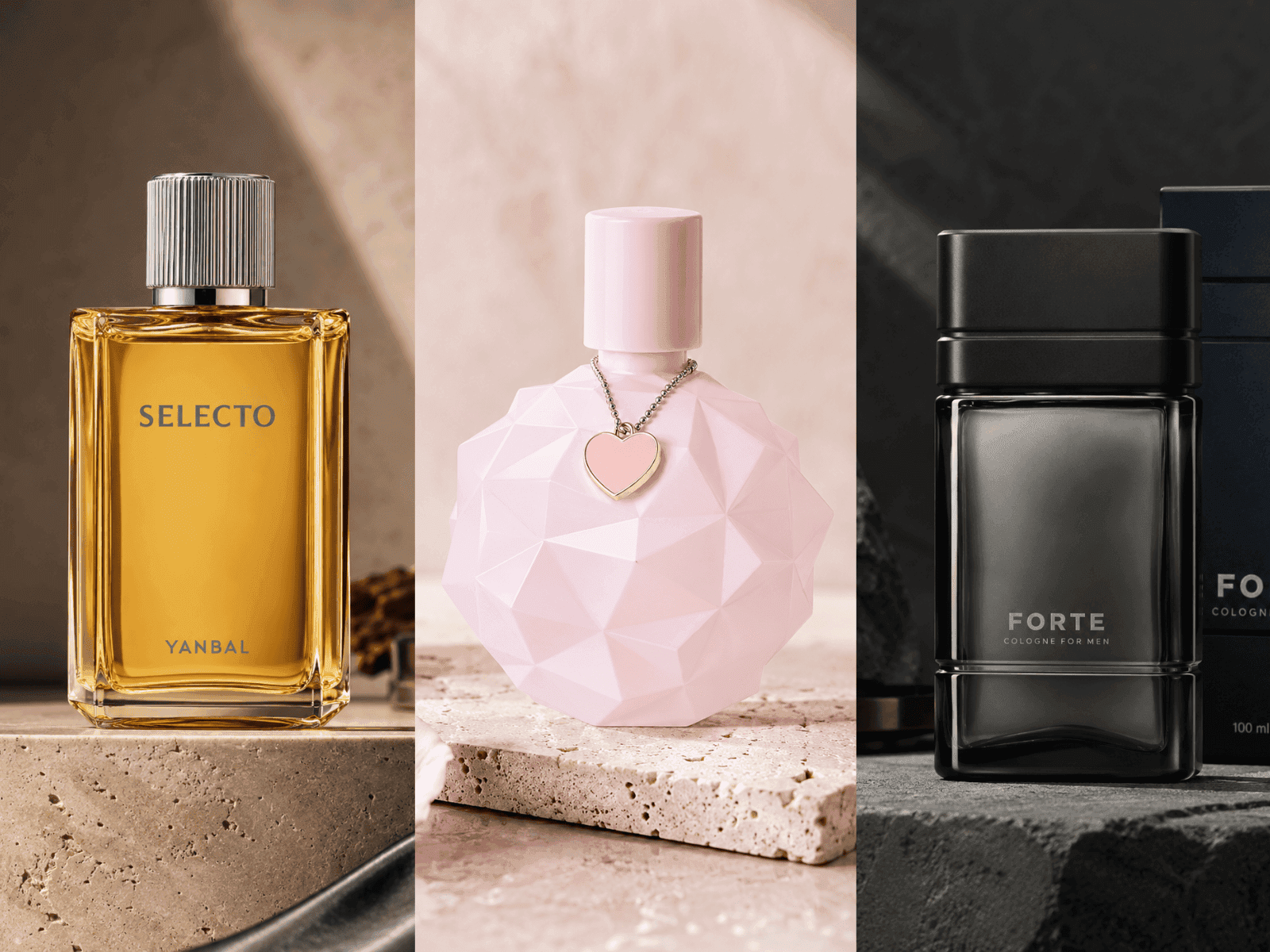 Fotografía publicitaria premium de un perfume sobre una superficie elegante con iluminación editorial.